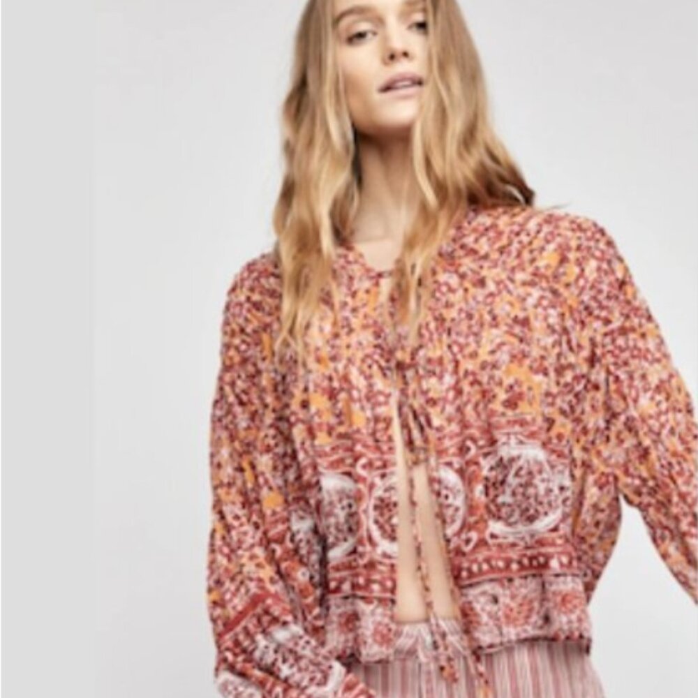 FREE PEOPLE Lorraine Boho Print Tie-front Top NWT
